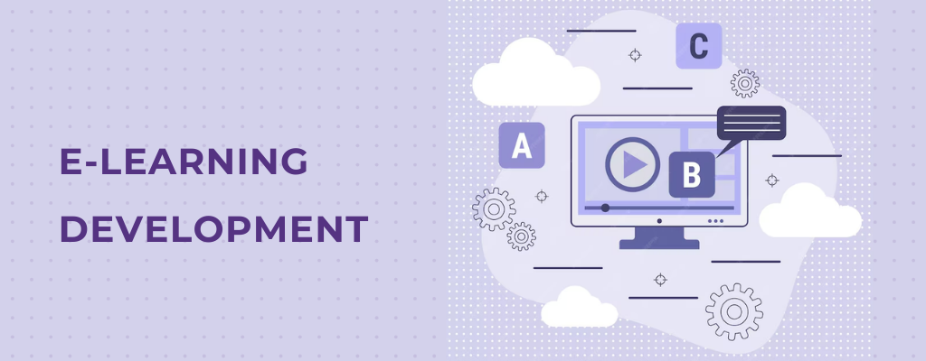 Ascezen Consulting is a reputed E-learning Services Provider. The image displays text "E-learning Development with an illustration depicting a computer screen showing  video play button.